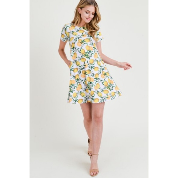 Women's Lemon Print Fit And Flare Summer Dress WHT - Picture 7 of 8